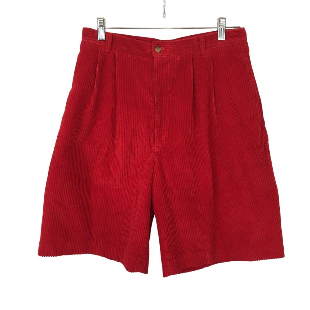 Ambitions Vintage 80s Womens Red Corduroy‎ Pleated High Rise Shorts, 29 Waist